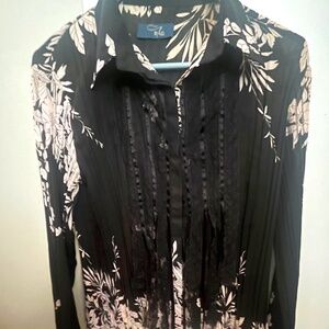 Rag Cie Bohemian Button blouse Black with Pink floral print Bell sleeves